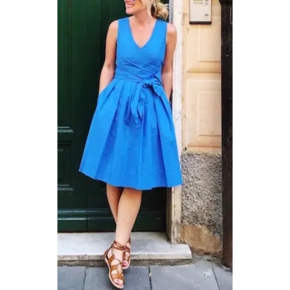 J.Crew Womens Blue Cotton Poplin Faux Wrap Fit Flare Sleeveless Midi Dress Sz 4